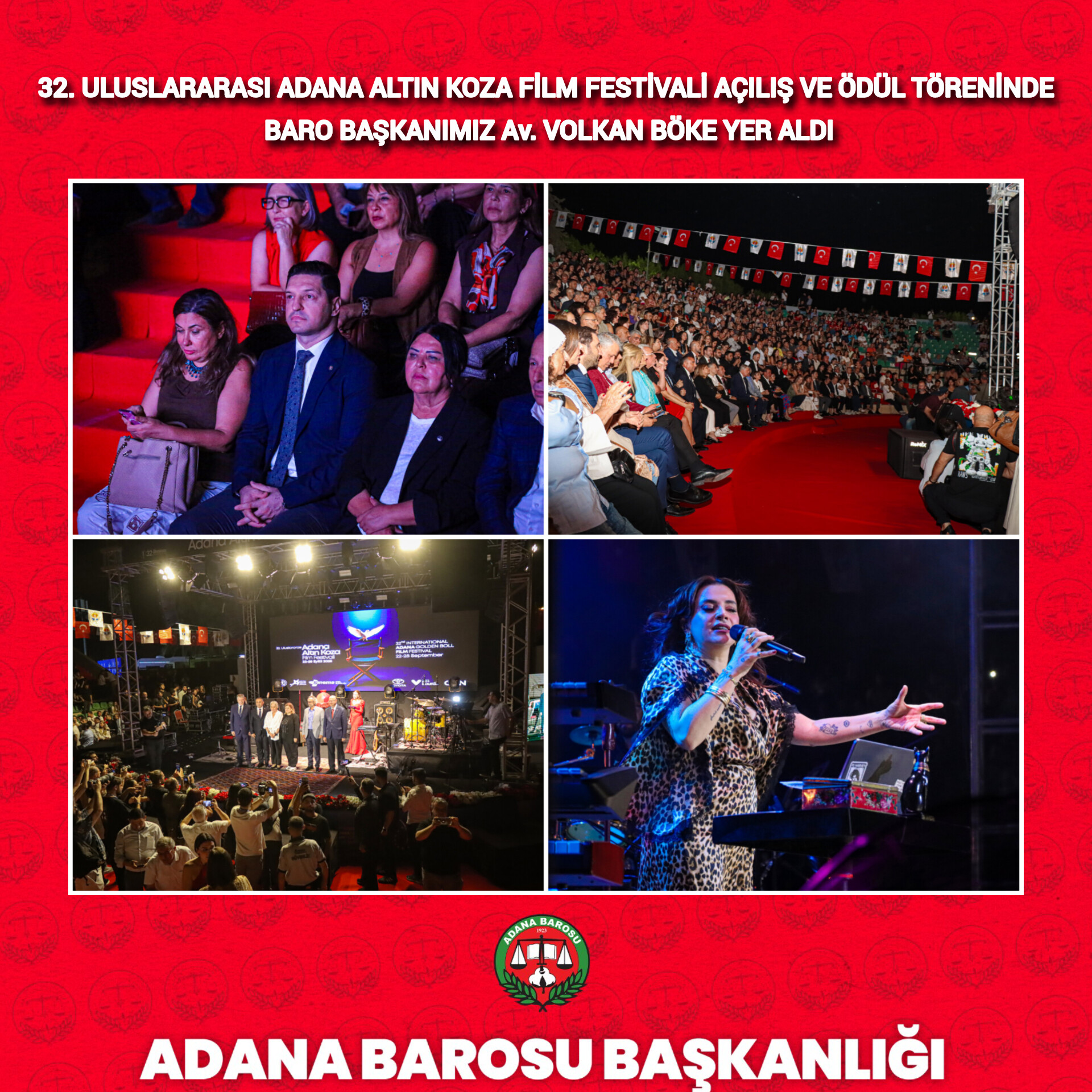 32. ULUSLARARASI ADANA ALTIN KOZA FİLM FESTİVALİ AÇILIŞ VE ÖDÜL TÖRENİNDE BARO BAŞKANIMIZ Av. VOLKAN BÖKE YER ALDI